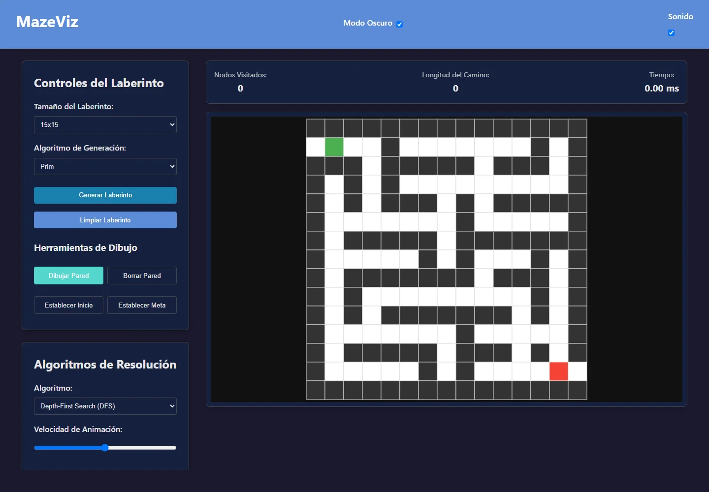 MazeViz with a generated maze and pathfinding controls