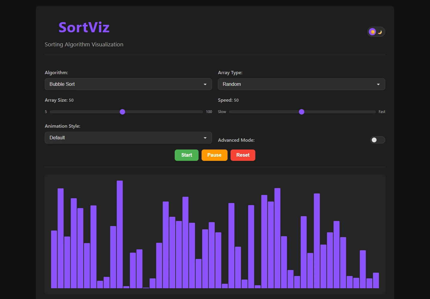 SortViz with array bars, sorting controls, and algorithm information